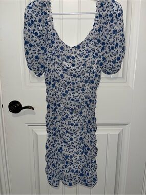 All in Favor Blue Floral Ruched Puff-Sleeve Mini Dress
